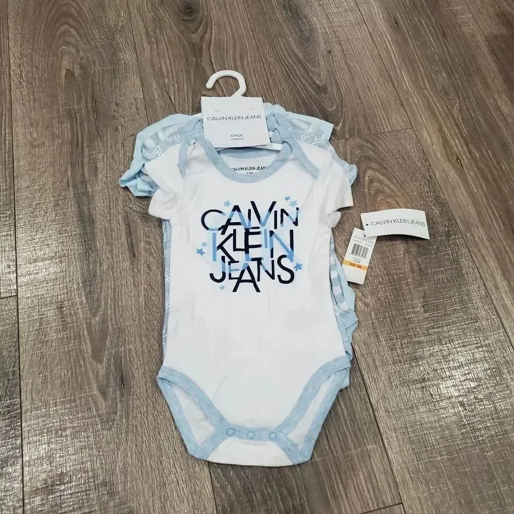 NEW Baby Calvin Klein Jeans One Pieces Size 12M Blue and White Onesie Set 4 Pcs
